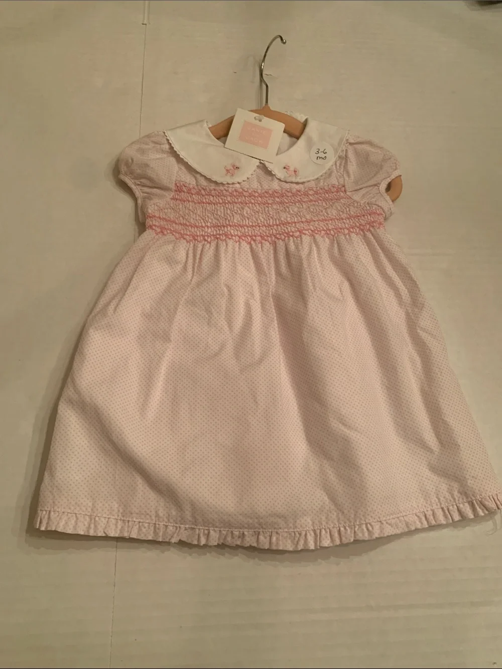 Janie and Jack Light Pink Smocked Dress with Peter Pan Collar 3-6 months poodles